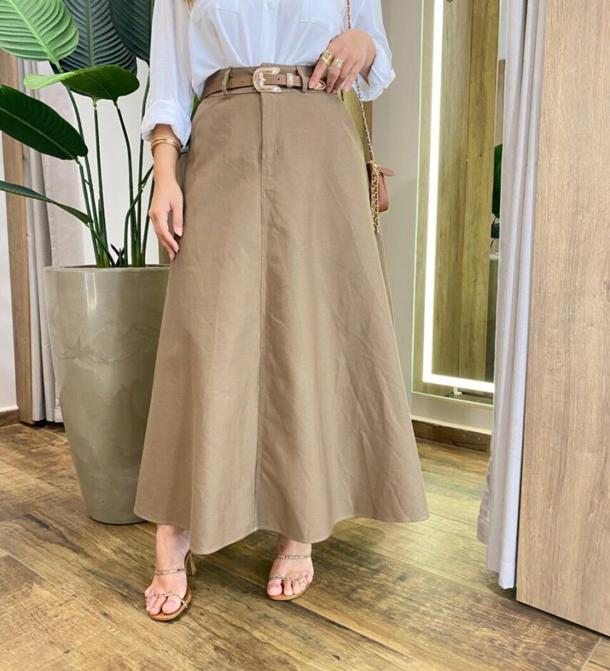 Saia Longa Feminina Ana Sarja com Bolsos Caqui Escuro - Fernanda Ramos Store
