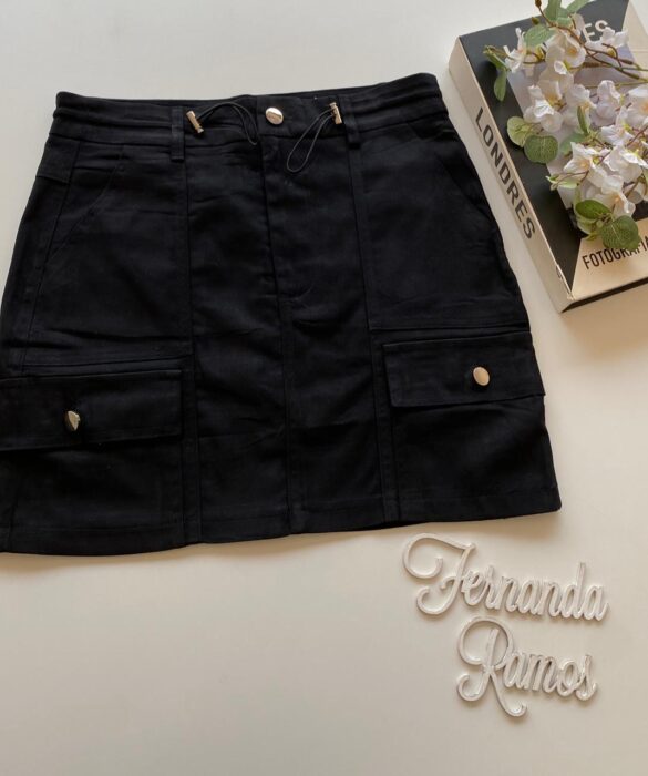 Short Saia Cargo Feminino Sarja Preto - Fernanda Ramos Store