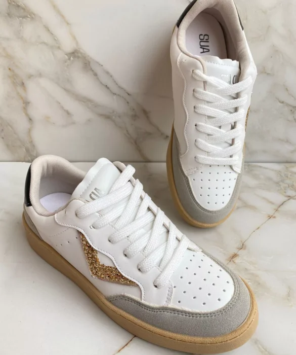 Tênis Feminino Branco com Detalhe em Glitter Dourado - Fernanda Ramos Store