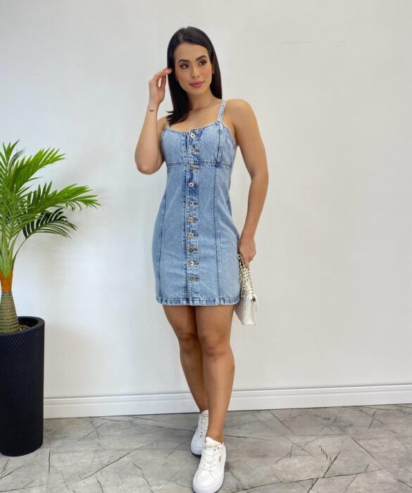 Vestido Curto Jeans Bia sem Bojo com Botões e Alça Fina - Fernanda Ramos Store