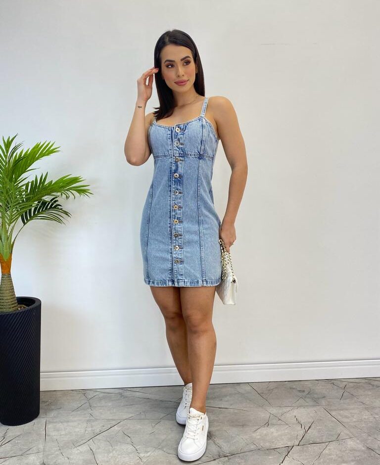 Vestido Curto Jeans Bia sem Bojo com Botões e Alça Fina - Fernanda Ramos Store