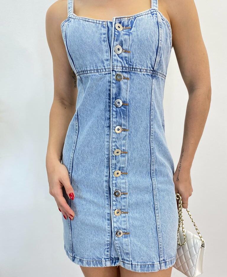 Vestido Curto Jeans Bia sem Bojo com Botões e Alça Fina - Fernanda Ramos Store