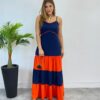 Vestido Longo Ana sem Bojo Azul em Camadas com Detalhe Laranja - Fernanda Ramos Store