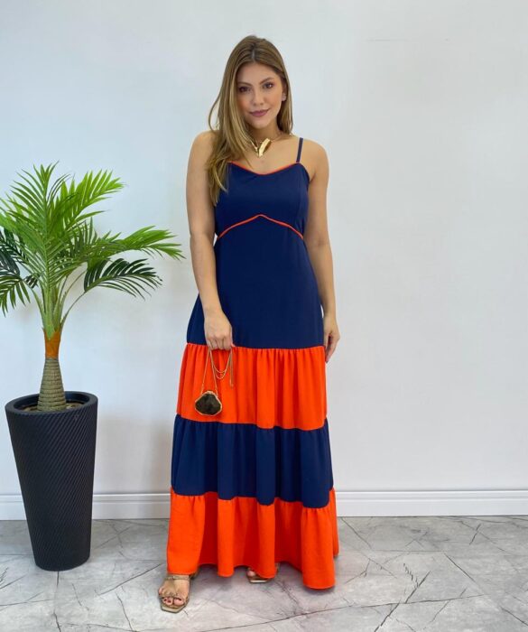 Vestido Longo Ana sem Bojo Azul em Camadas com Detalhe Laranja - Fernanda Ramos Store