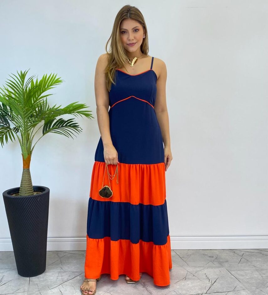 Vestido Longo Ana sem Bojo Azul em Camadas com Detalhe Laranja - Fernanda Ramos Store