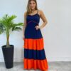 Vestido Longo Ana sem Bojo Azul em Camadas com Detalhe Laranja - Fernanda Ramos Store