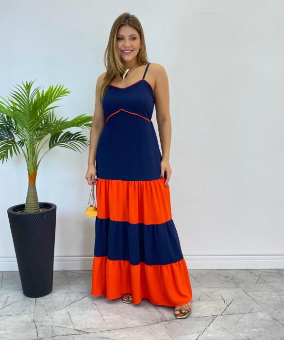 Vestido Longo Ana sem Bojo Azul em Camadas com Detalhe Laranja - Fernanda Ramos Store