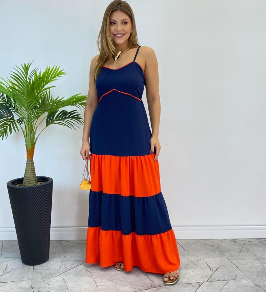 Vestido Longo Ana sem Bojo Azul em Camadas com Detalhe Laranja - Fernanda Ramos Store
