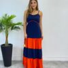 Vestido Longo Ana sem Bojo Azul em Camadas com Detalhe Laranja - Fernanda Ramos Store