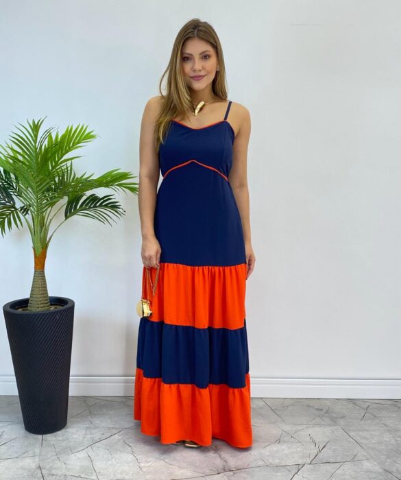 Vestido Longo Ana sem Bojo Azul em Camadas com Detalhe Laranja - Fernanda Ramos Store