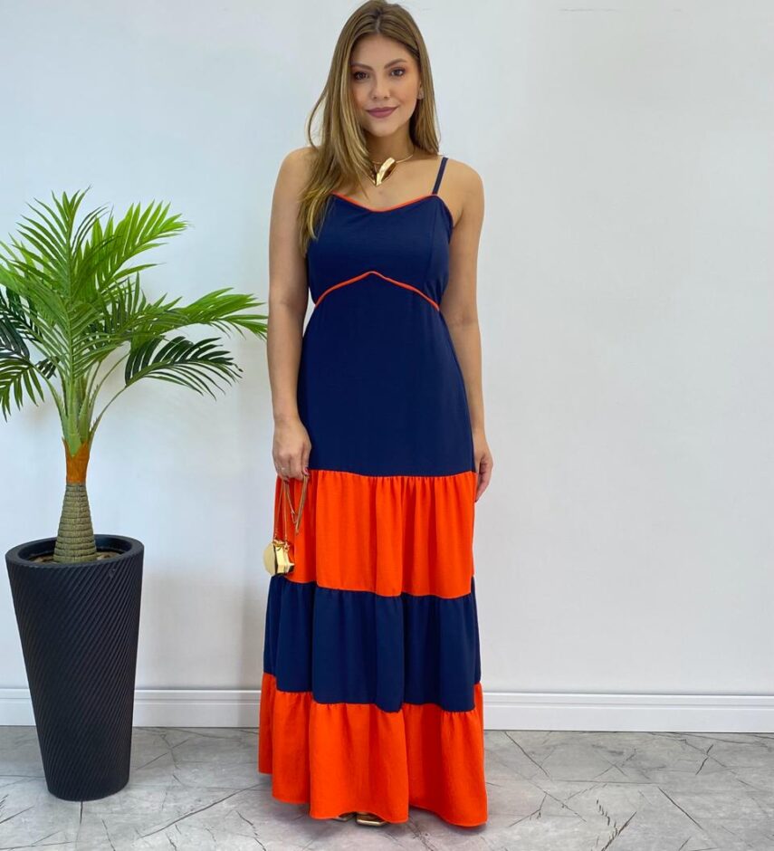 Vestido Longo Ana sem Bojo Azul em Camadas com Detalhe Laranja - Fernanda Ramos Store
