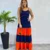 Vestido Longo Ana sem Bojo Azul em Camadas com Detalhe Laranja - Fernanda Ramos Store