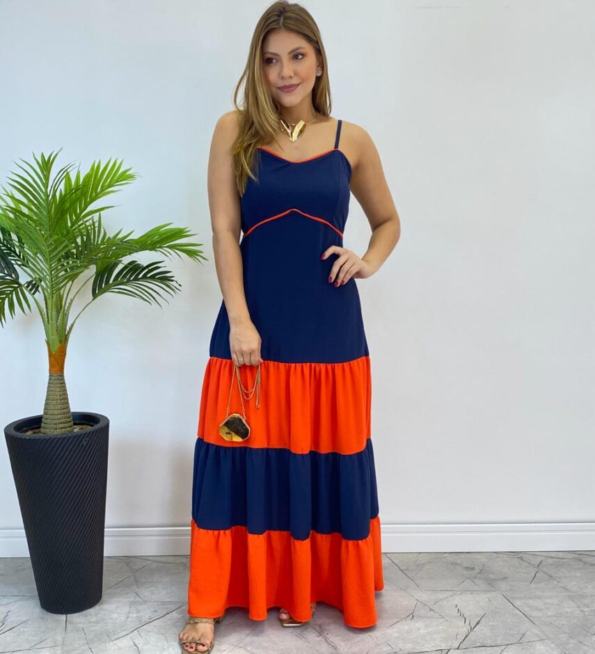 Vestido Longo Ana sem Bojo Azul em Camadas com Detalhe Laranja - Fernanda Ramos Store