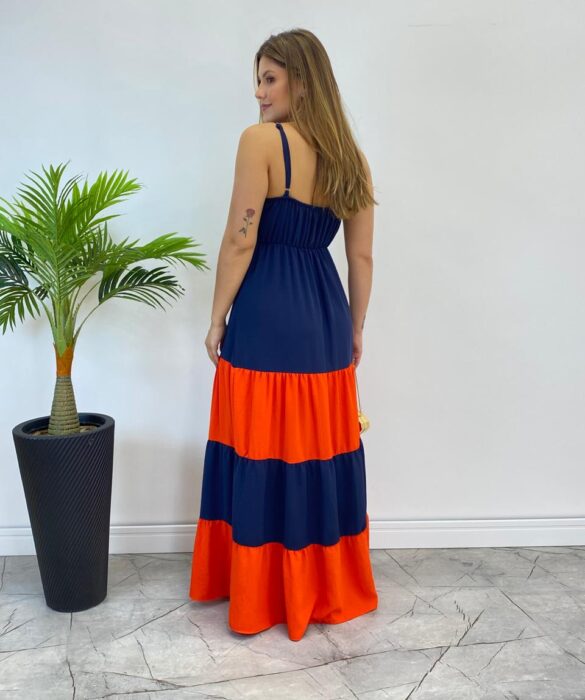 Vestido Longo Ana sem Bojo Azul em Camadas com Detalhe Laranja - Fernanda Ramos Store