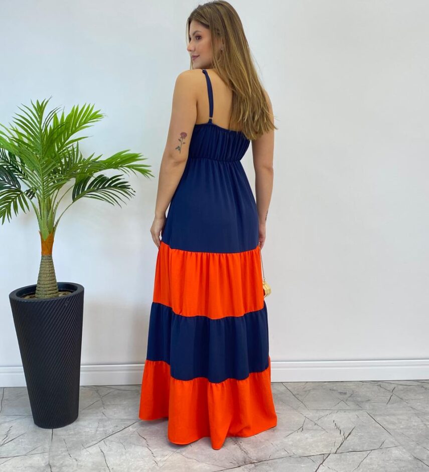 Vestido Longo Ana sem Bojo Azul em Camadas com Detalhe Laranja - Fernanda Ramos Store