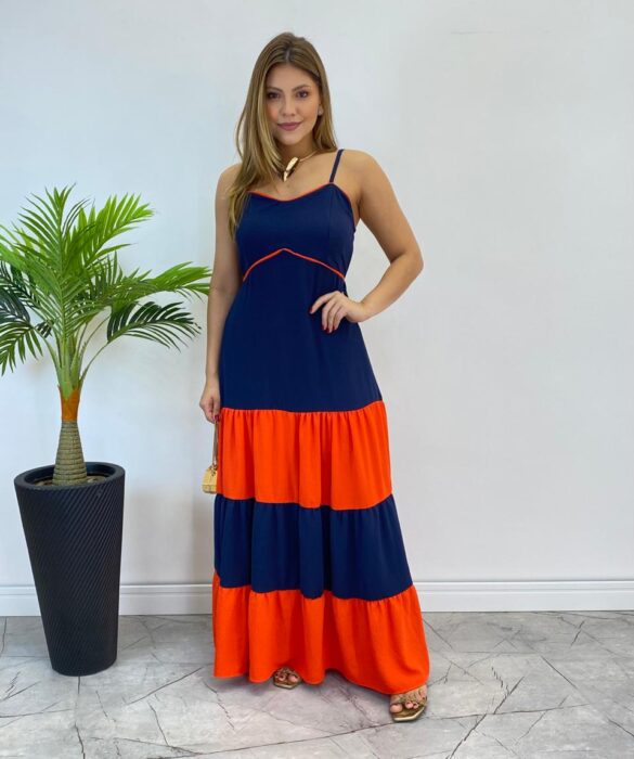 Vestido Longo Ana sem Bojo Azul em Camadas com Detalhe Laranja - Fernanda Ramos Store