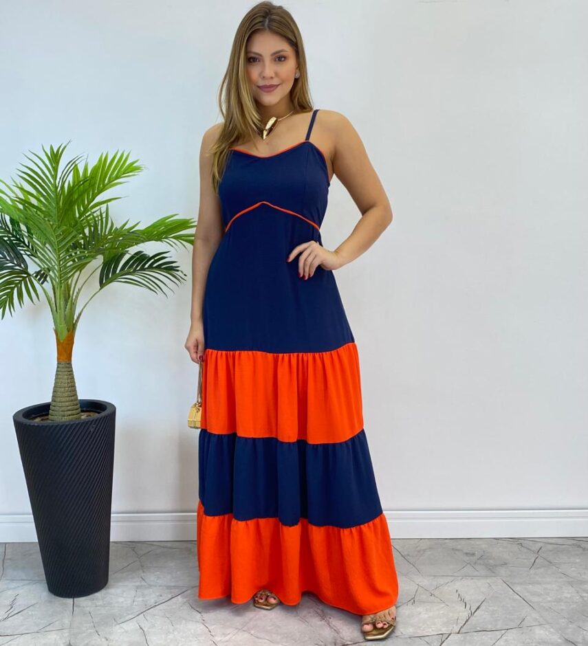 Vestido Longo Ana sem Bojo Azul em Camadas com Detalhe Laranja - Fernanda Ramos Store