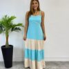 Vestido Longo Ana sem Bojo Azul em Camadas com Detalhe Nude - Fernanda Ramos Store