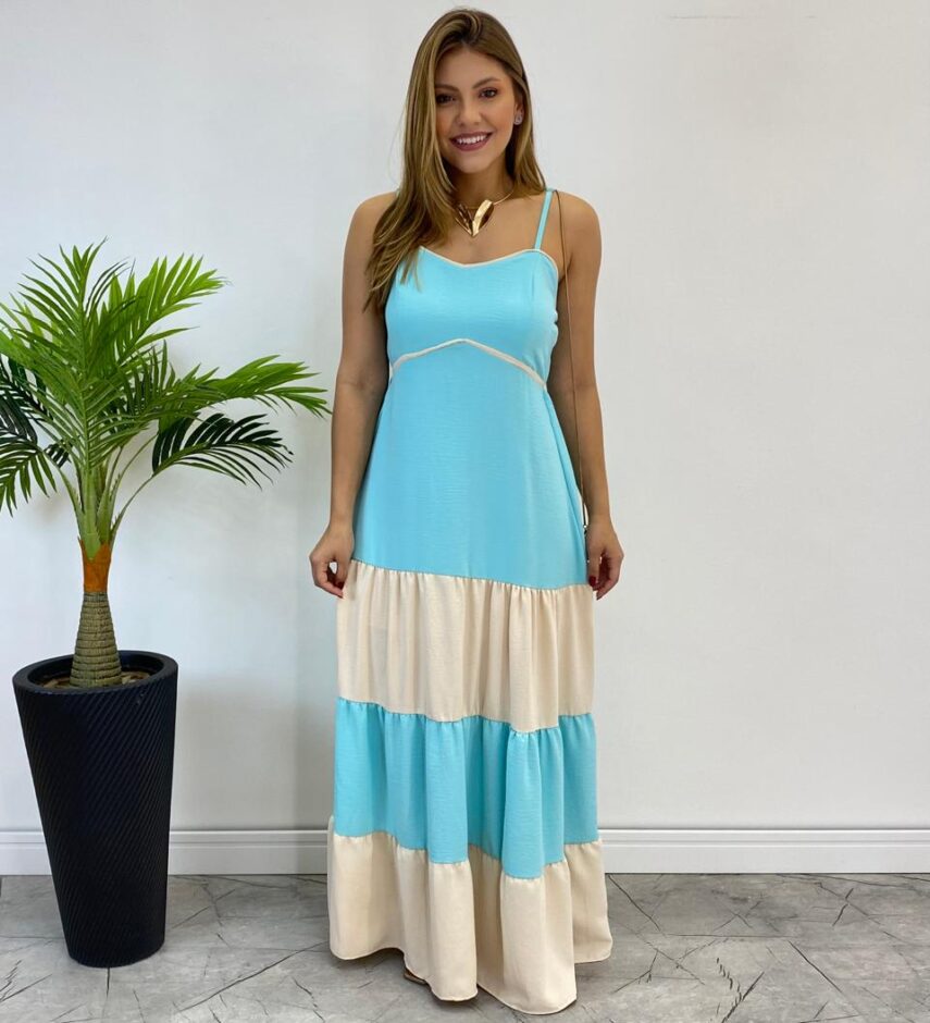 Vestido Longo Ana sem Bojo Azul em Camadas com Detalhe Nude - Fernanda Ramos Store