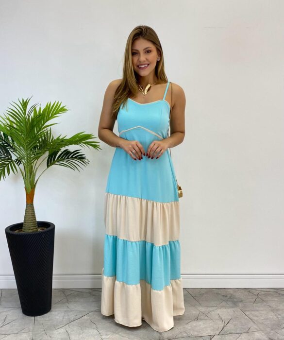 Vestido Longo Ana sem Bojo Azul em Camadas com Detalhe Nude - Fernanda Ramos Store