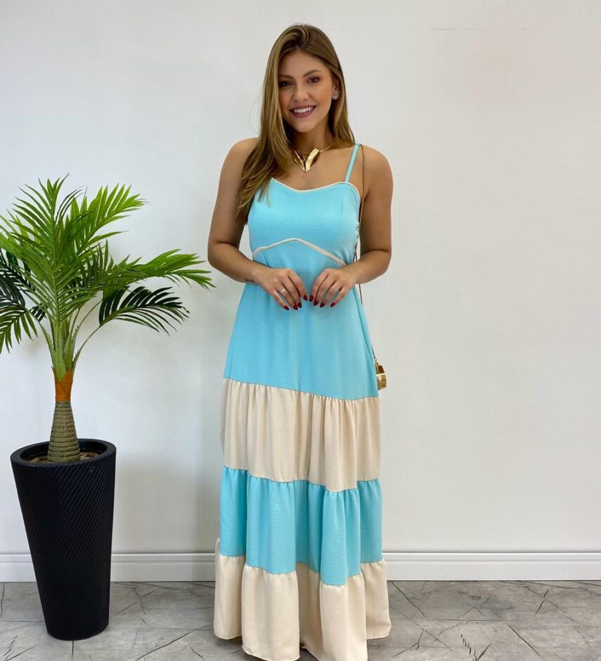 Vestido Longo Ana sem Bojo Azul em Camadas com Detalhe Nude - Fernanda Ramos Store