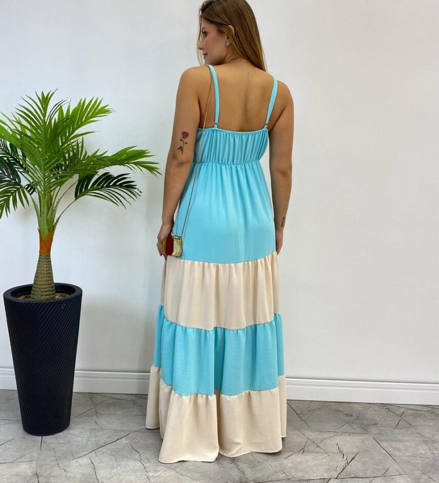 Vestido Longo Ana sem Bojo Azul em Camadas com Detalhe Nude - Fernanda Ramos Store