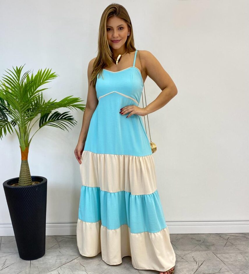 Vestido Longo Ana sem Bojo Azul em Camadas com Detalhe Nude - Fernanda Ramos Store