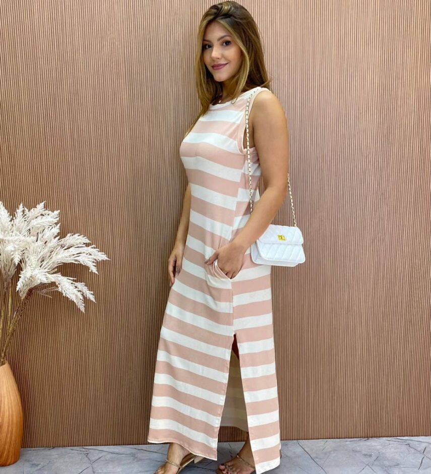 Vestido Longo Ana sem Bojo de Malha Listrado Bege - Fernanda Ramos Store