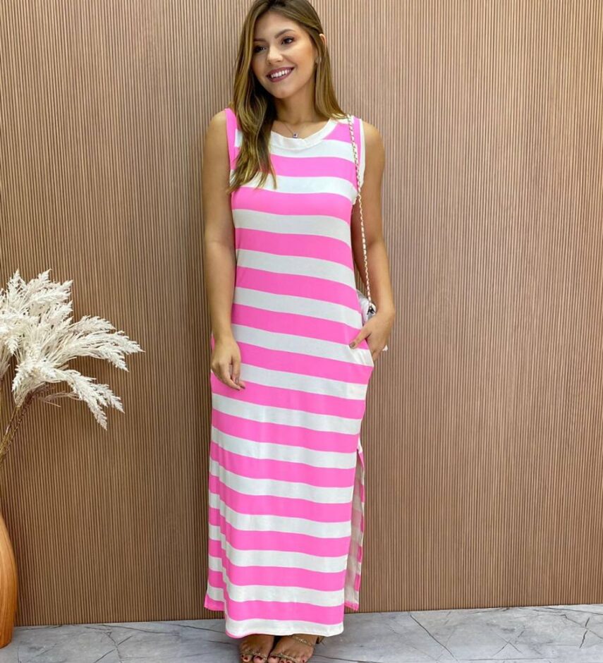 Vestido Longo Ana sem Bojo de Malha Listrado Pink Flúor - Fernanda Ramos Store
