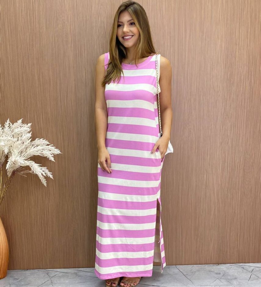 Vestido Longo Ana sem Bojo de Malha Listrado Lilás - Fernanda Ramos Store