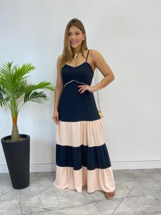 Vestido Longo Ana sem Bojo Preto em Camadas com Detalhe Creme - Fernanda Ramos Store