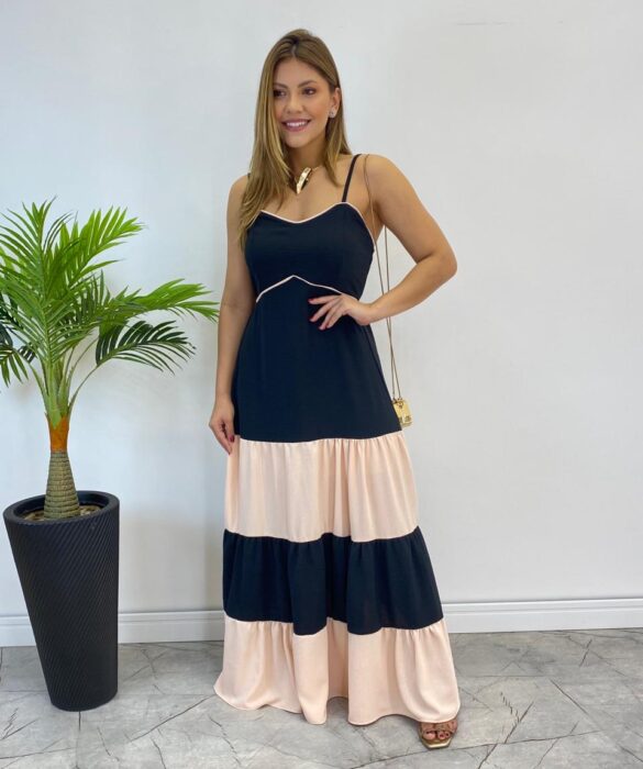 Vestido Longo Ana sem Bojo Preto em Camadas com Detalhe Creme - Fernanda Ramos Store