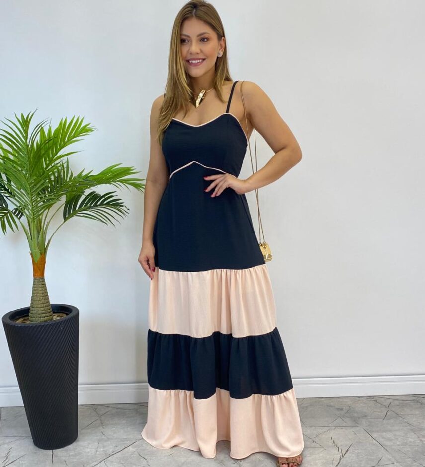 Vestido Longo Ana sem Bojo Preto em Camadas com Detalhe Creme - Fernanda Ramos Store