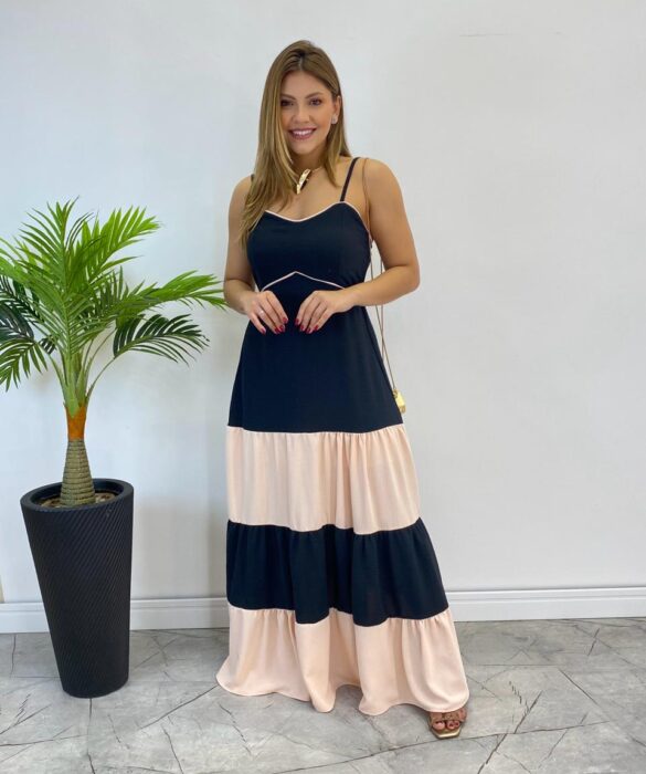 Vestido Longo Ana sem Bojo Preto em Camadas com Detalhe Creme - Fernanda Ramos Store