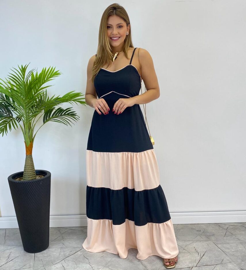 Vestido Longo Ana sem Bojo Preto em Camadas com Detalhe Creme - Fernanda Ramos Store