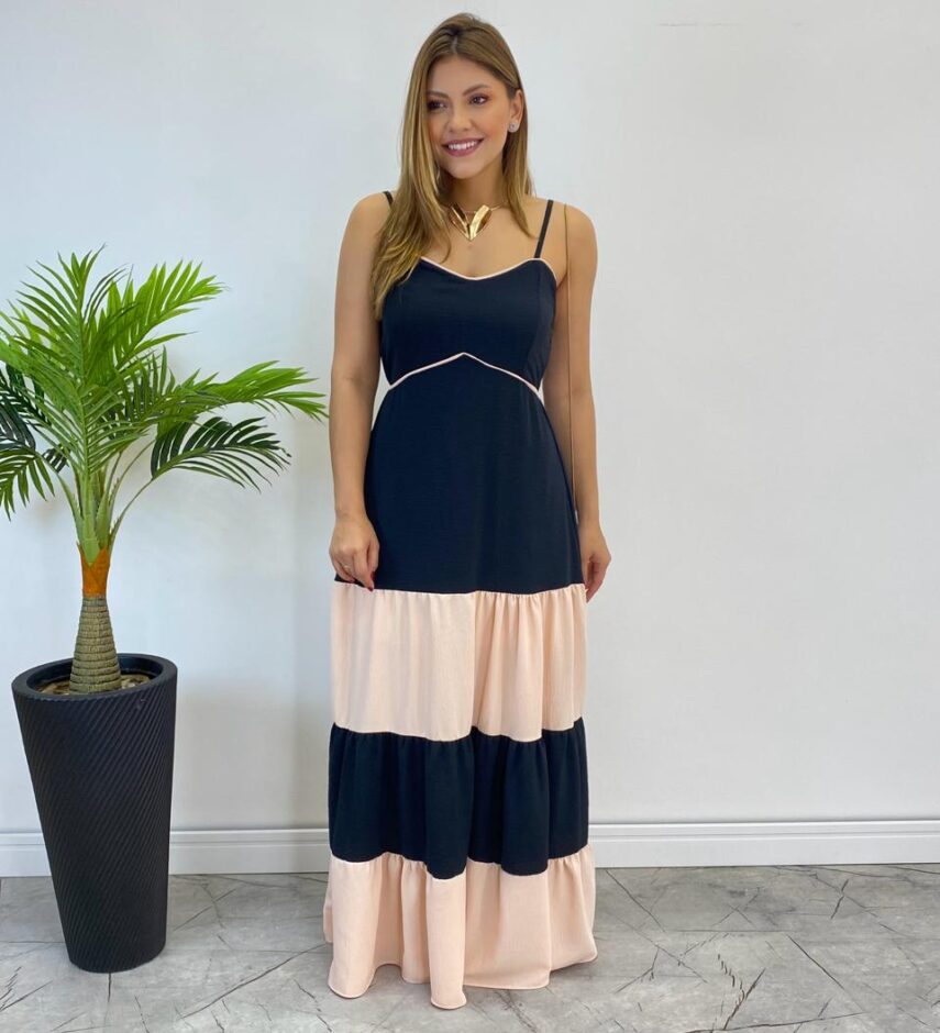 Vestido Longo Ana sem Bojo Preto em Camadas com Detalhe Creme - Fernanda Ramos Store
