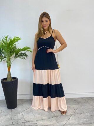 Vestido Longo Ana sem Bojo Preto em Camadas com Detalhe Creme - Fernanda Ramos Store