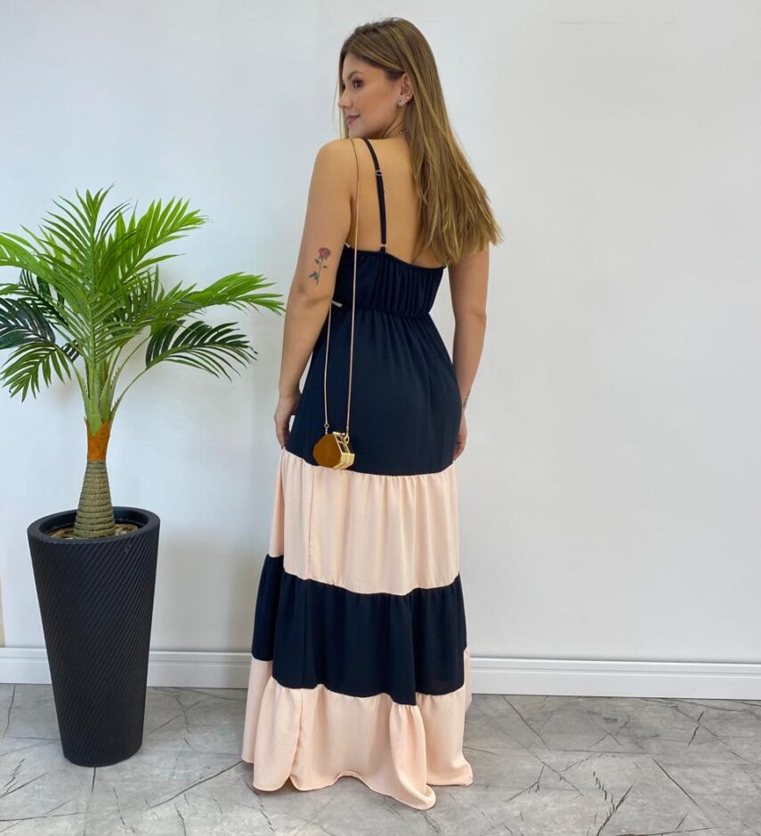 Vestido Longo Ana sem Bojo Preto em Camadas com Detalhe Creme - Fernanda Ramos Store
