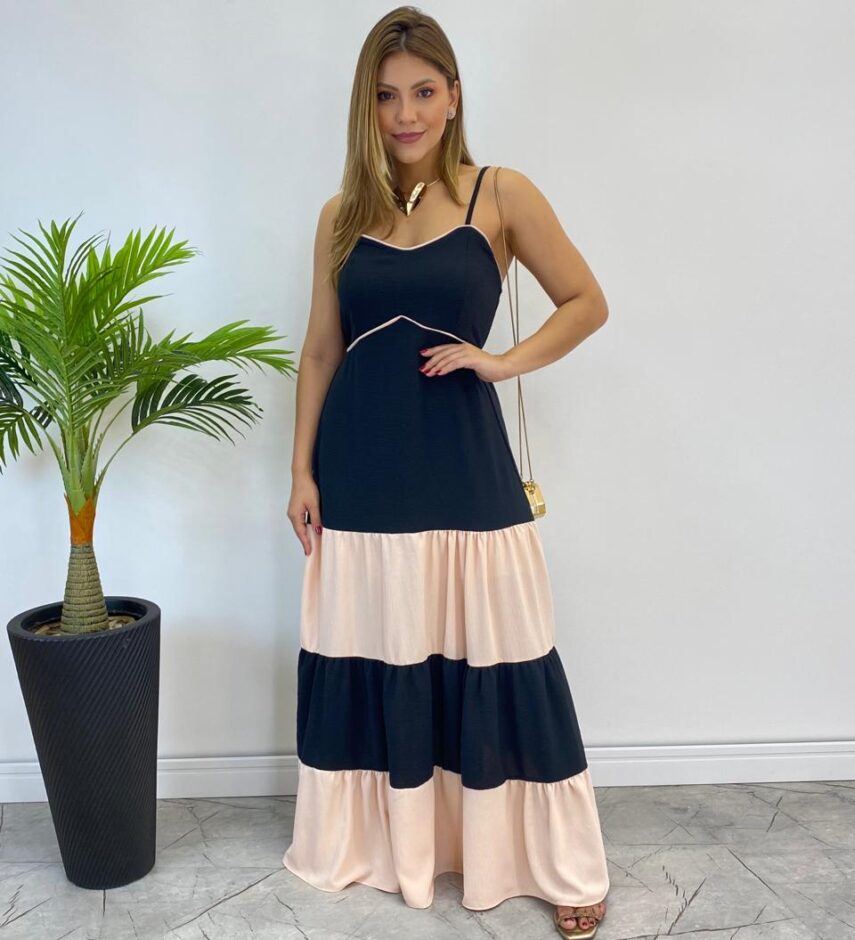 Vestido Longo Ana sem Bojo Preto em Camadas com Detalhe Creme - Fernanda Ramos Store