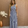 Vestido Longo Antonella com Bojo Nula Manga Listrado Azul Marinho - Fernanda Ramos Store