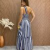 Vestido Longo Antonella com Bojo Nula Manga Listrado Azul Marinho - Fernanda Ramos Store