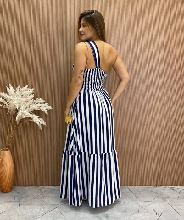 Vestido Longo Antonella com Bojo Nula Manga Listrado Azul Marinho - Fernanda Ramos Store