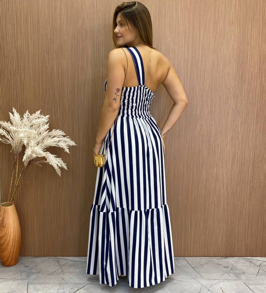 Vestido Longo Antonella com Bojo Nula Manga Listrado Azul Marinho - Fernanda Ramos Store