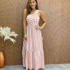 Vestido Longo Antonella com Bojo Nula Manga Listrado Rosa - Fernanda Ramos Store