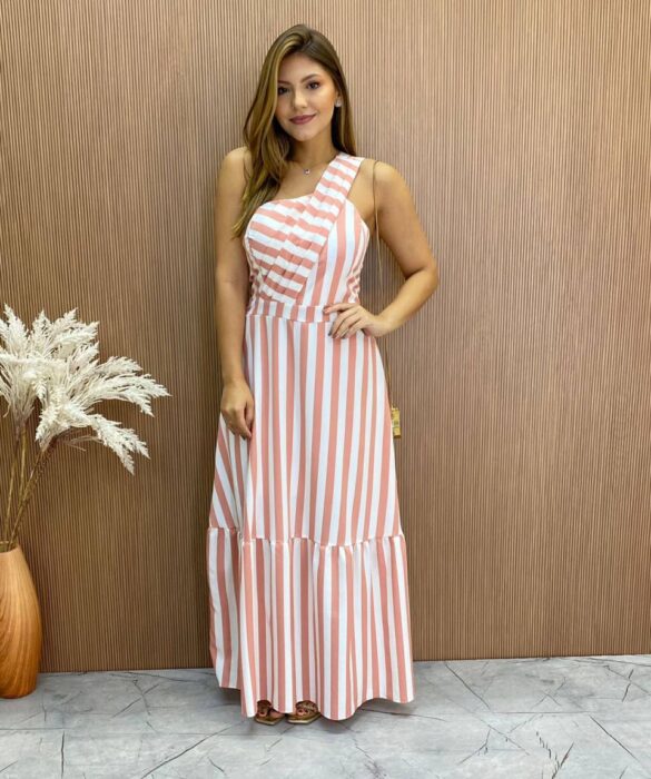 Vestido Longo Antonella com Bojo Nula Manga Listrado Rosa - Fernanda Ramos Store