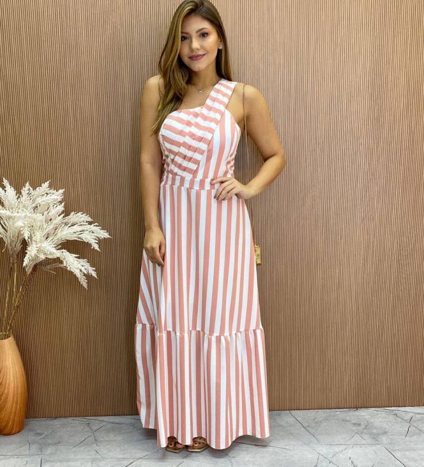 Vestido Longo Antonella com Bojo Nula Manga Listrado Rosa - Fernanda Ramos Store