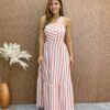 Vestido Longo Antonella com Bojo Nula Manga Listrado Rosa - Fernanda Ramos Store