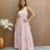 Vestido Longo Antonella com Bojo Nula Manga Listrado Rosa - Fernanda Ramos Store