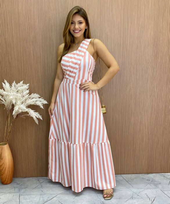 Vestido Longo Antonella com Bojo Nula Manga Listrado Rosa - Fernanda Ramos Store