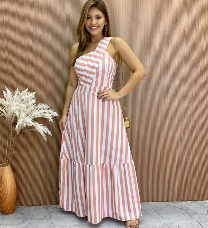 Vestido Longo Antonella com Bojo Nula Manga Listrado Rosa - Fernanda Ramos Store